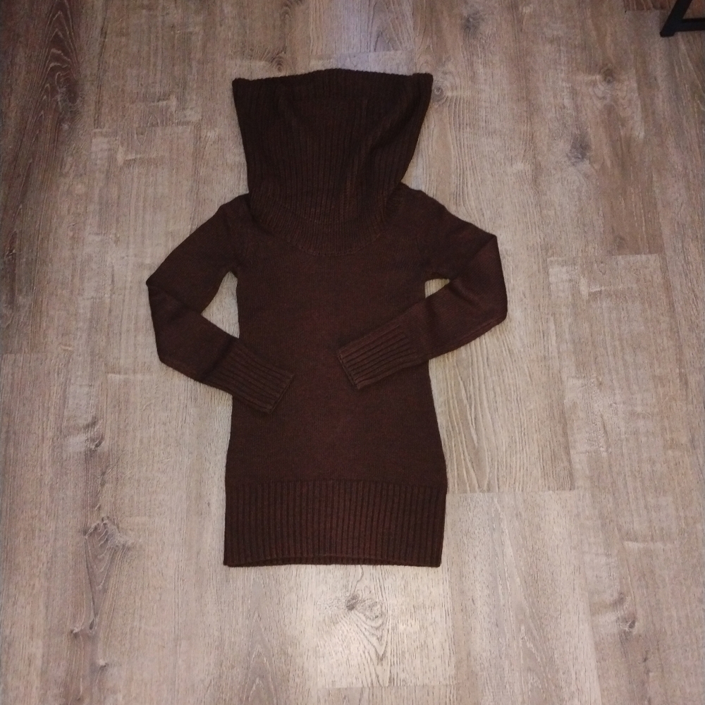 H&M Dark Brown Ribbed Turtleneck Sweater Dress Long Sleeve Tunic Size XS